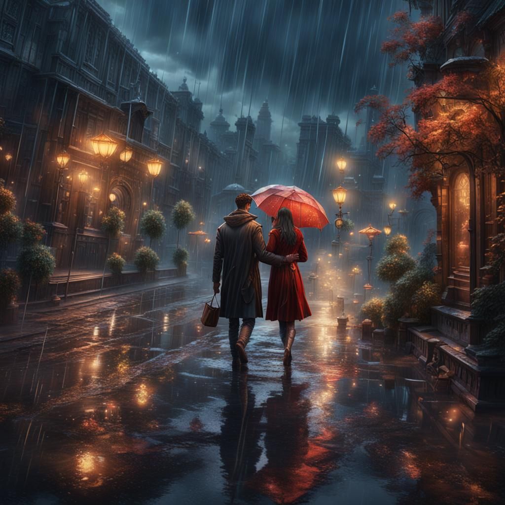Couple's Rainy Embrace: Detailed Fantasy Art