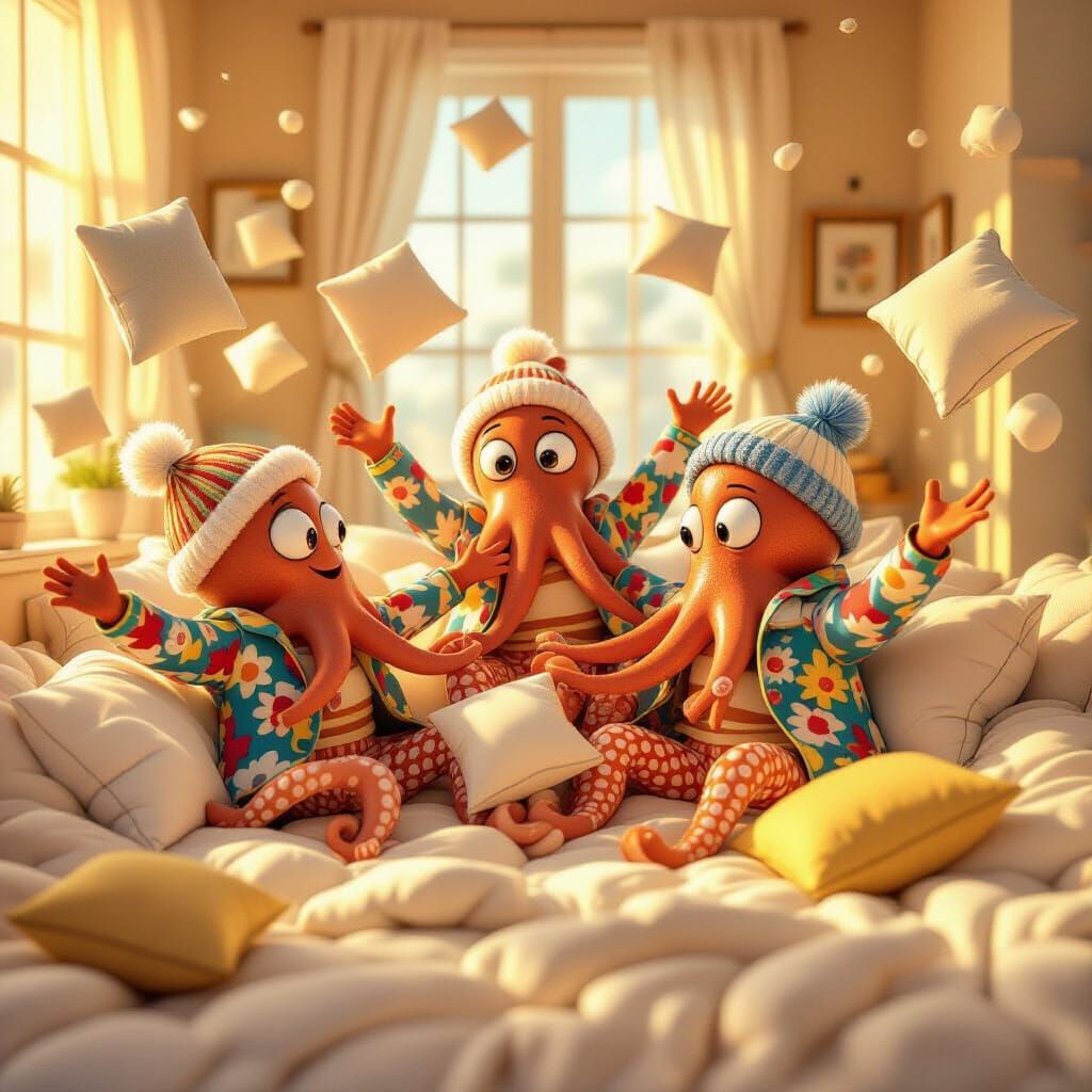 Octopi Pillow Fight in Zero Gravity as 3D Rendered Art
