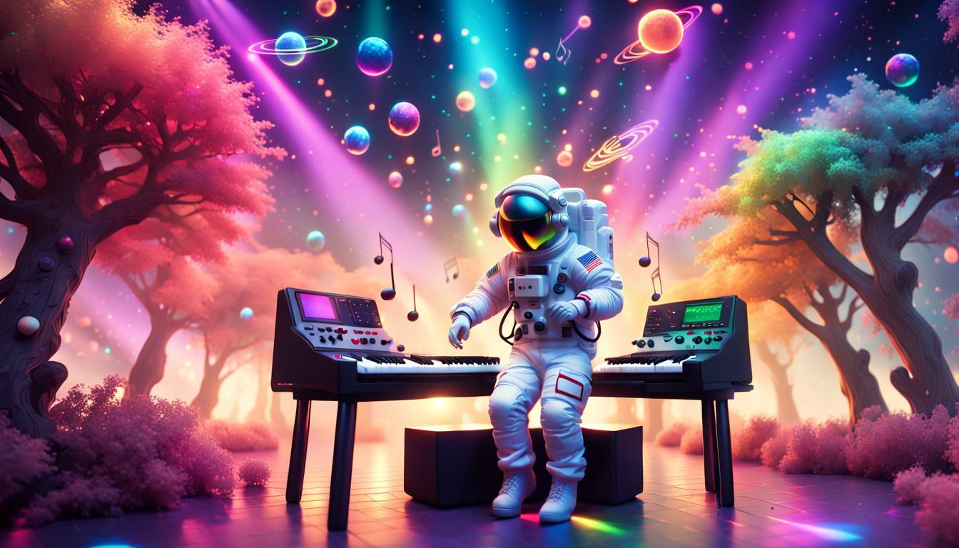 Astronaut DJ Party Under Rainbow Trees