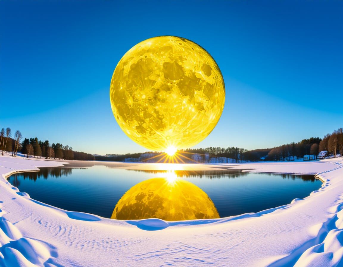 Golden Supermoon Over Snowy Landscape in Manga Style