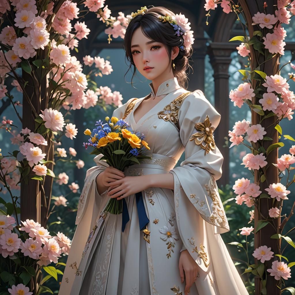 Anime Lady with Flowers in 3D