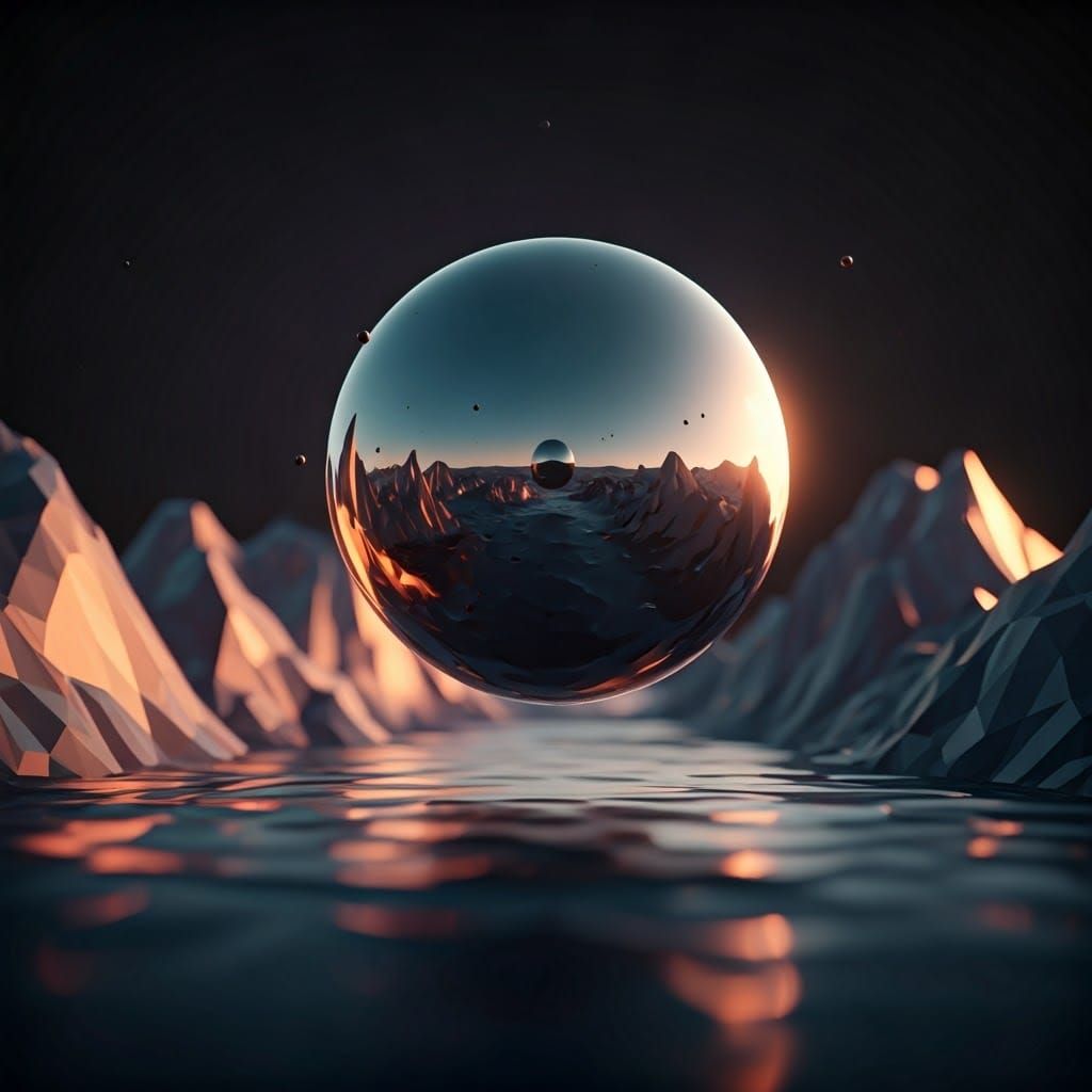 Surreal Low-Poly Masterpiece with Distorted Chrome Sphere