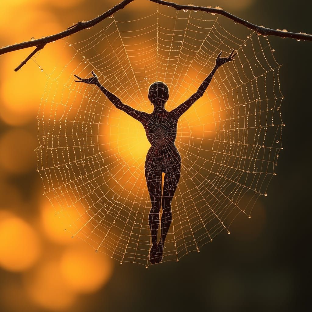 Ethereal Spiderweb Silhouette at Sunrise, Dew Drops Sparkle