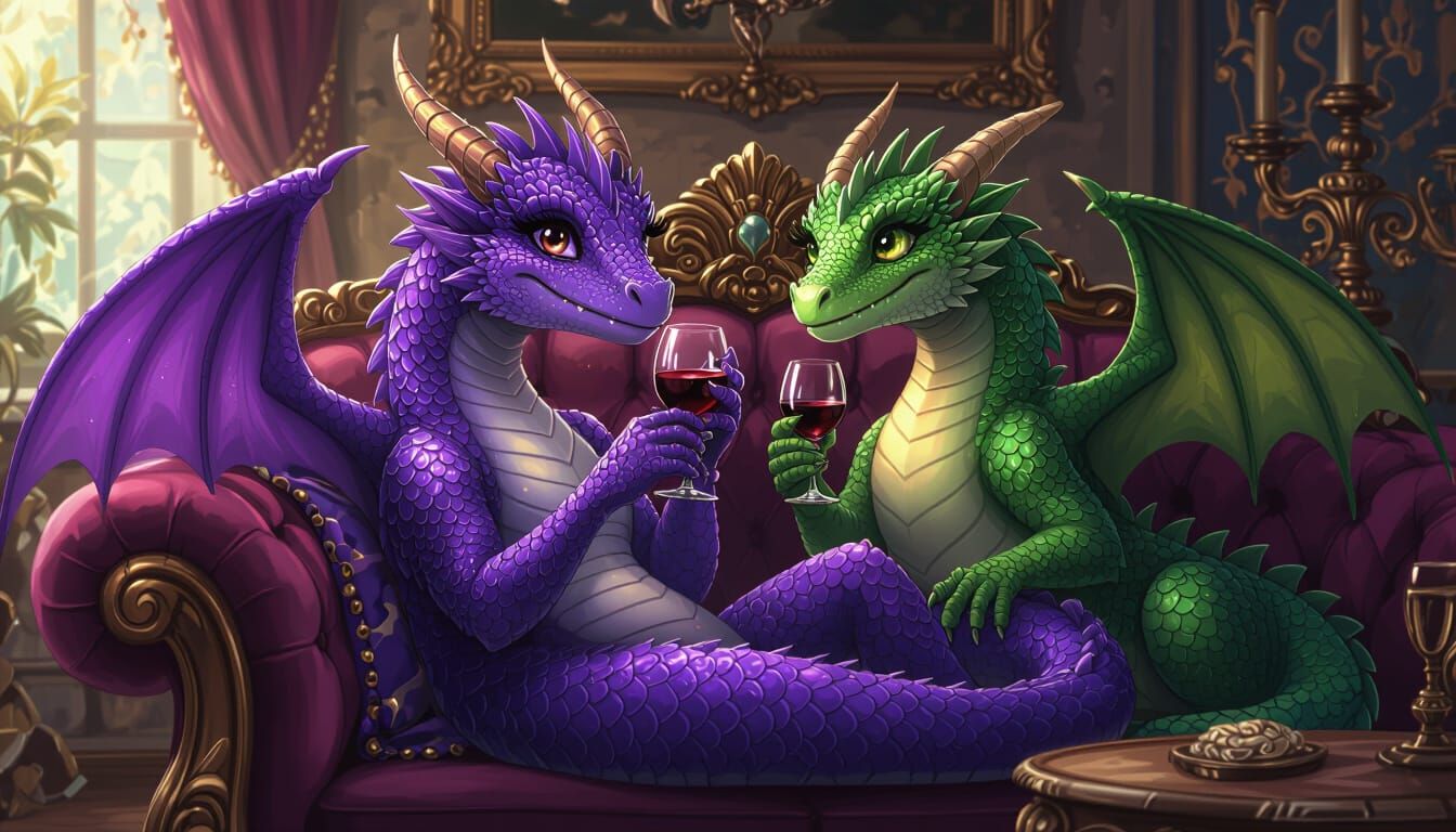 Two Smiling Dragons Enjoying Wine Together