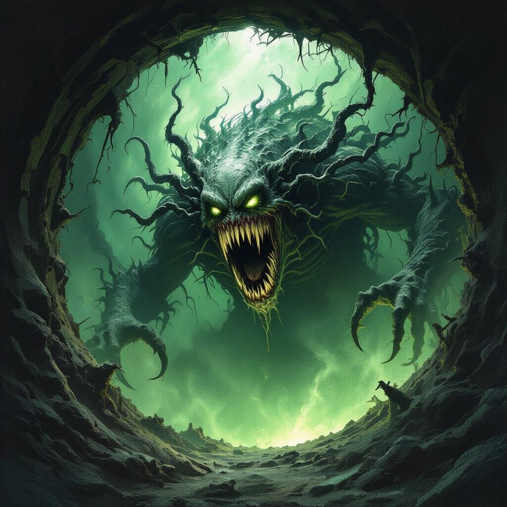 Grotesque Creature Emerges from Abyss in Dark Fantasy Style
