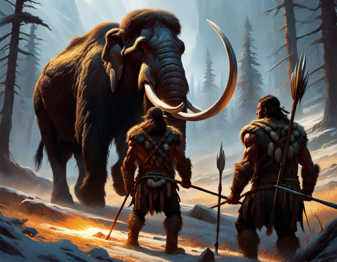 dynamic digital painting of primitive human hunters with spe...