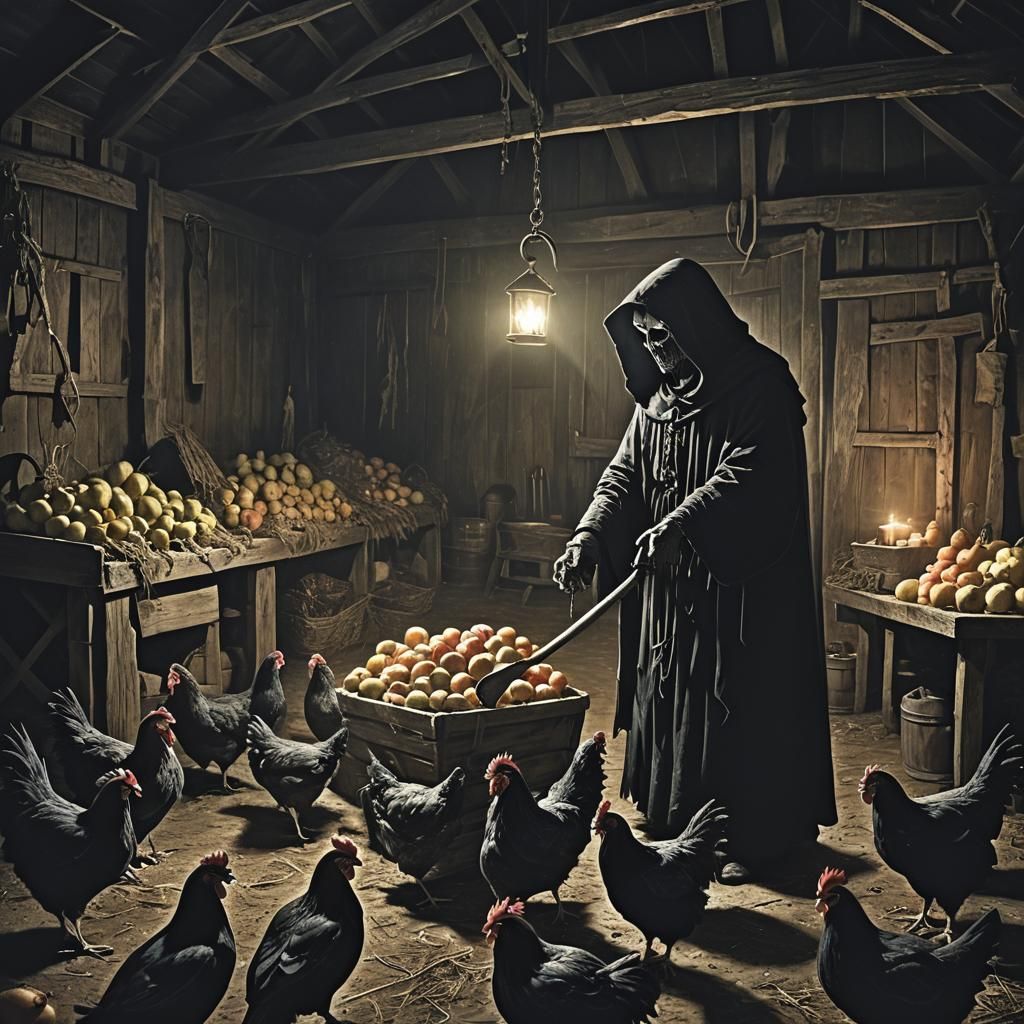 Eerie Reaper Feeding Chickens in Dark Barn
