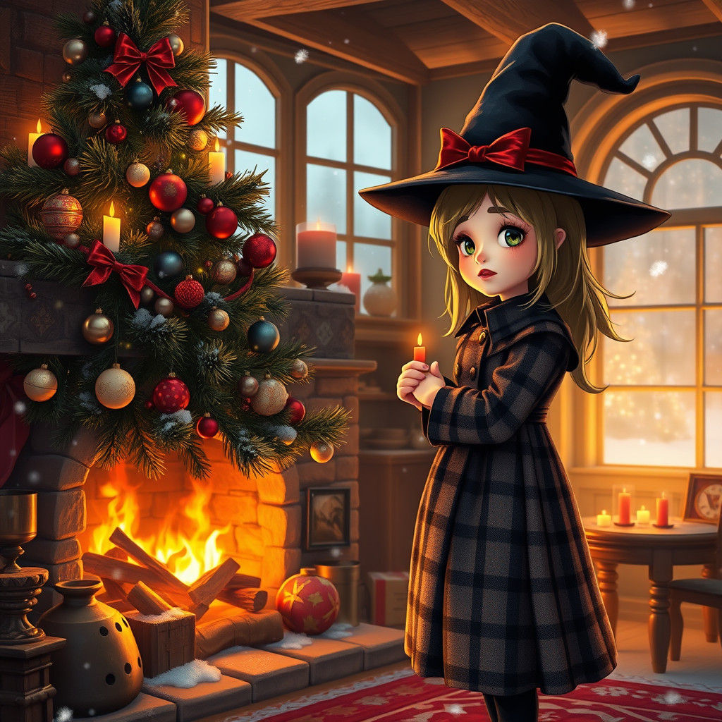 Festive Witch Decorates Christmas Tree