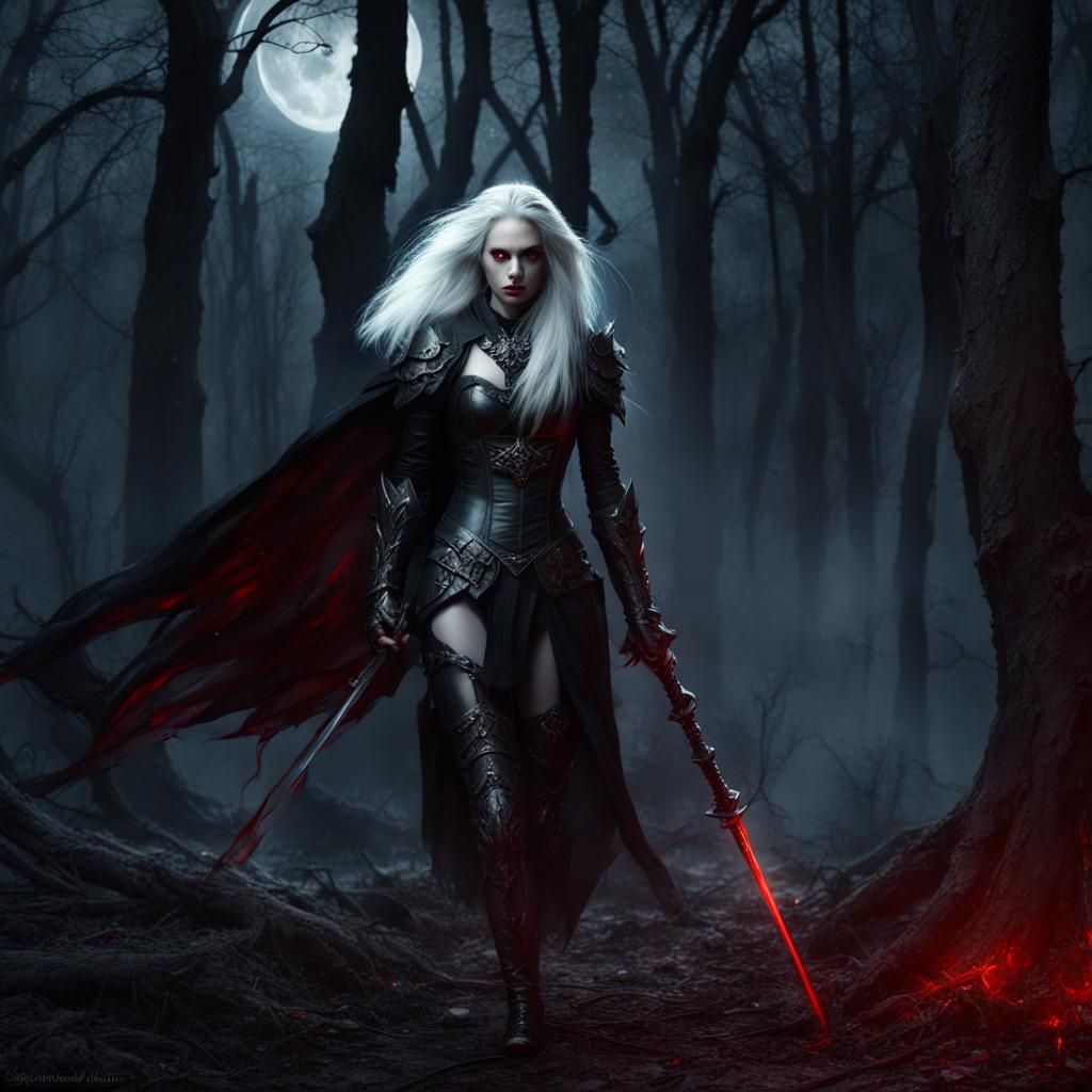 Vampire in Black Armor Under Full Moon