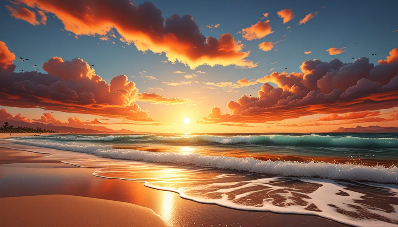 Vivid Orange Sunset Over Ultrarealistic Beach