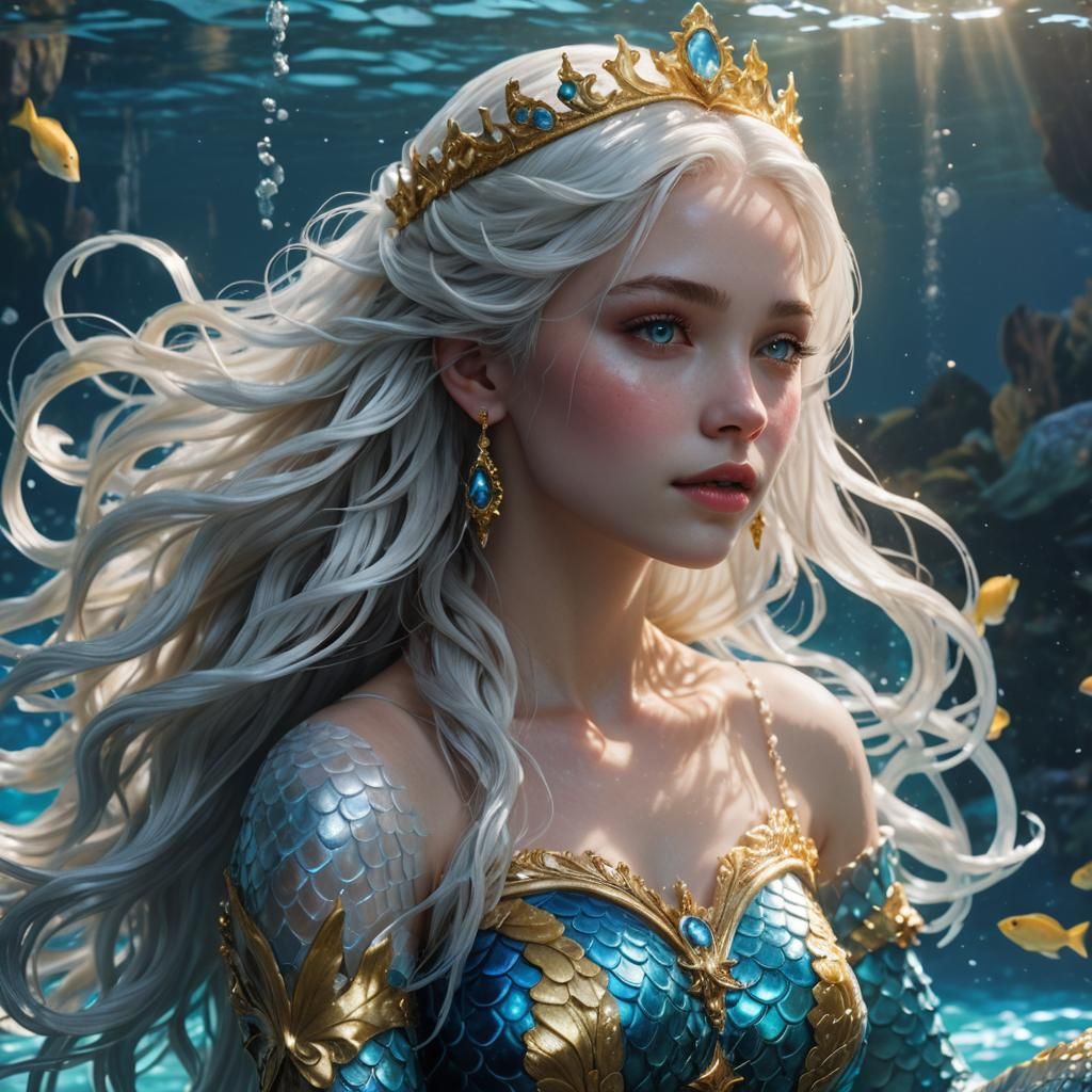 Hyperrealistic Mermaid Princess in Deep Blue Water