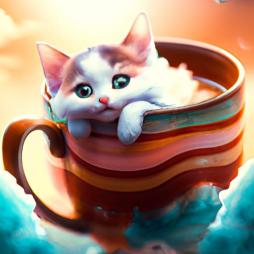 Adorable Cat in Cup: Digital Fantasy Art