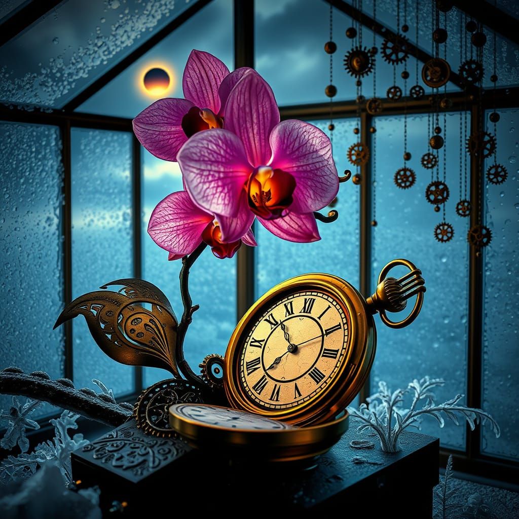 Steampunk Automaton Tends Celestial Orchid in Victorian Gree...
