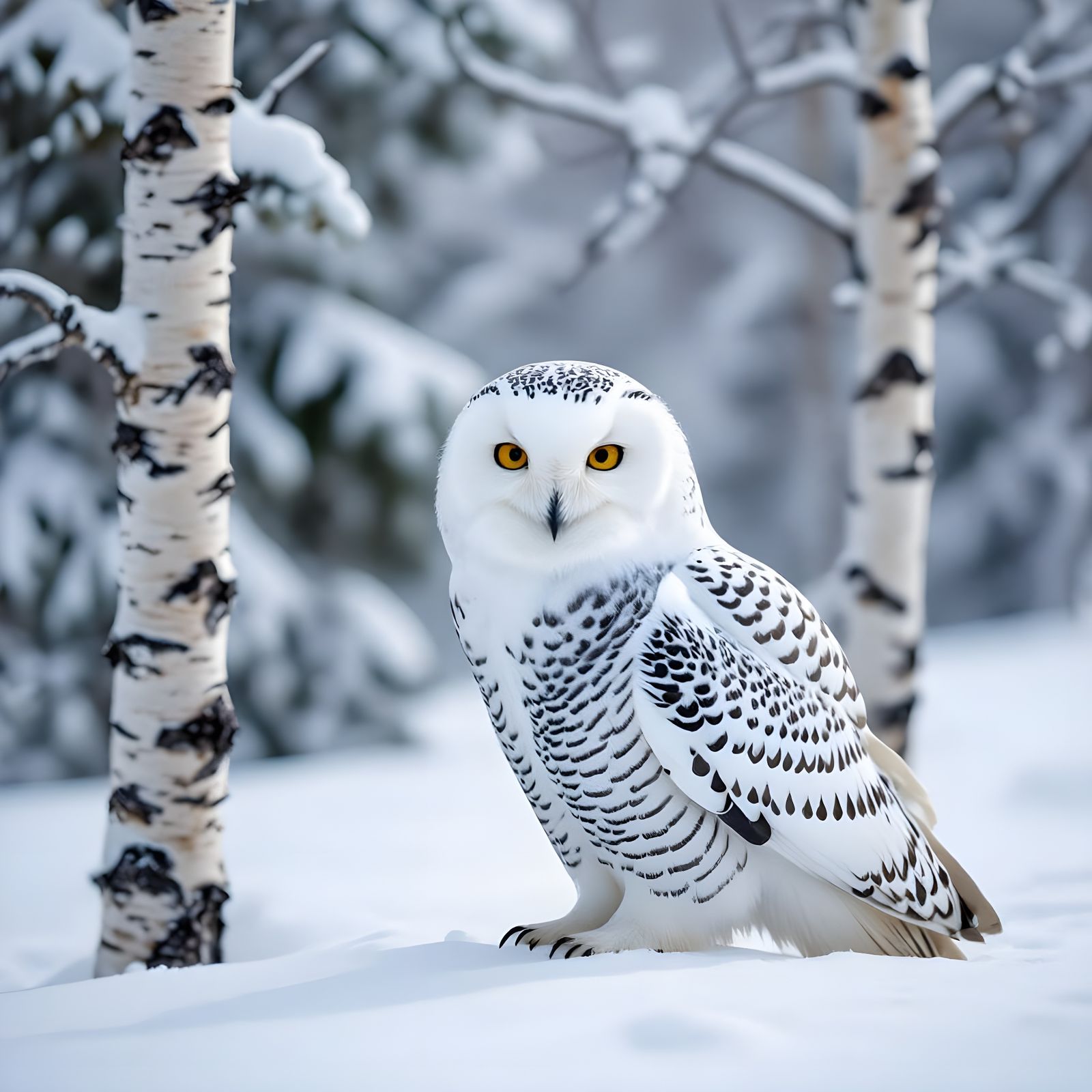 Snowy Owl Perched Among Birch and Evergreens