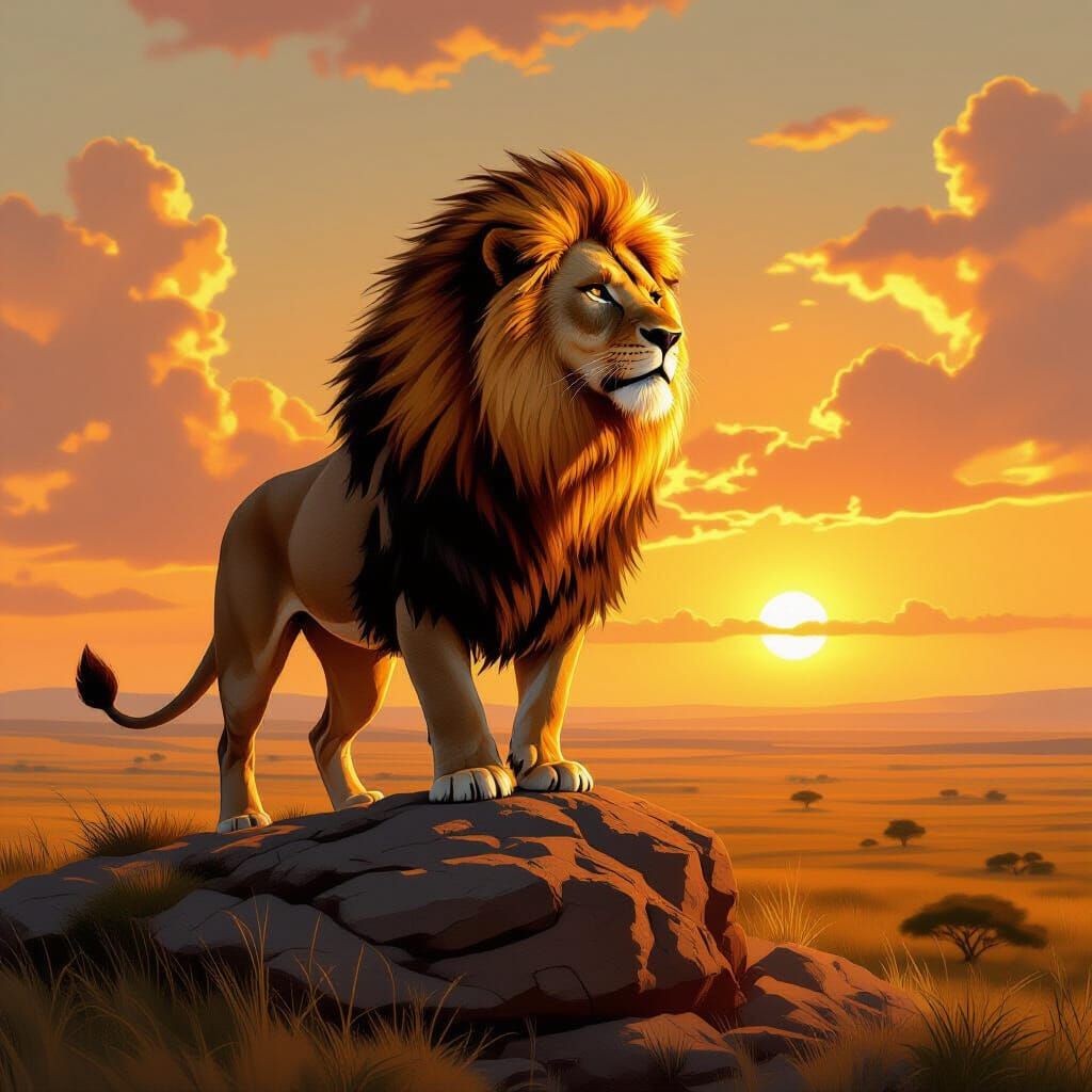 Fiery Lion Overlooking Savannah as Digital Art