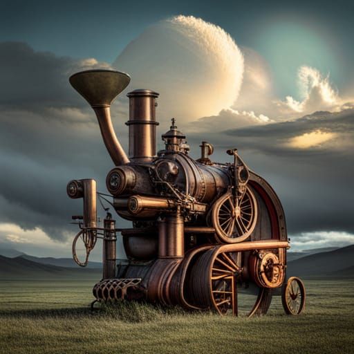 Old steam tractor, steampunk cyborg