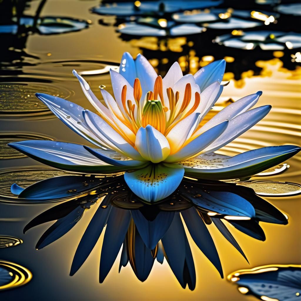 Crystal Lily with Gold on Reflective Lake