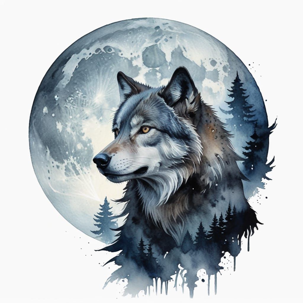 Wolf Silhouette Against Full Moon in Double Exposure Waterco...