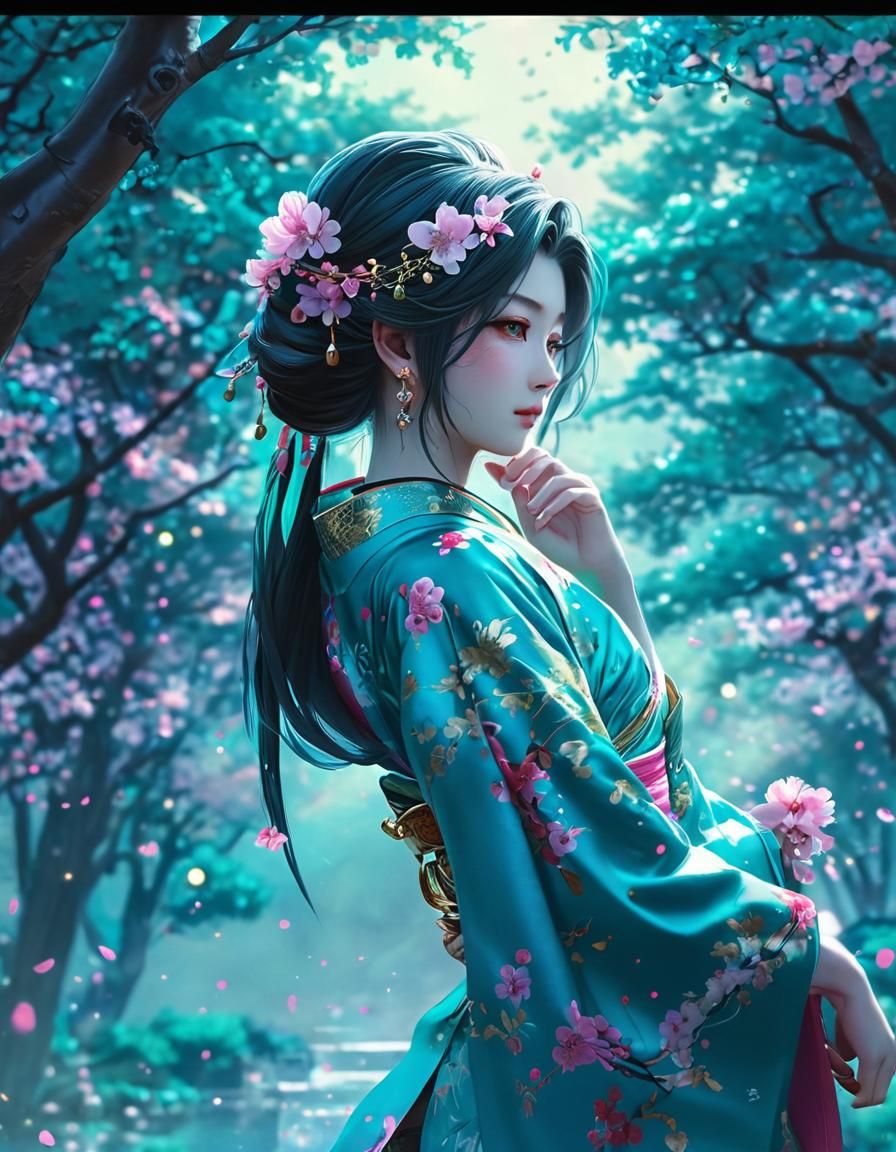 Anime Warrior in Turquoise Kimono with Cherry Blossoms