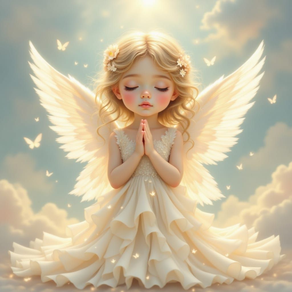 a cute angelic girl baby kneeling in prayer, hands clasped together in prayer with white wings behind her back, wearing ...