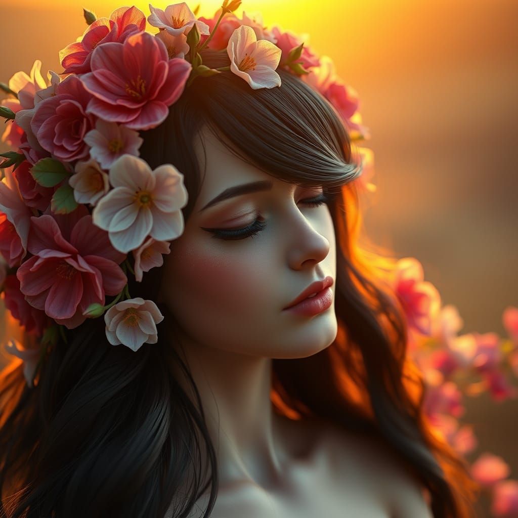 Ethereal Goddess Adorned with Vibrant Flower Wreath in Golde...