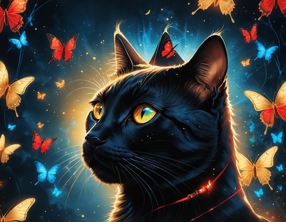 Mystical Black Cat with Butterfly: Digital Airbrush Art