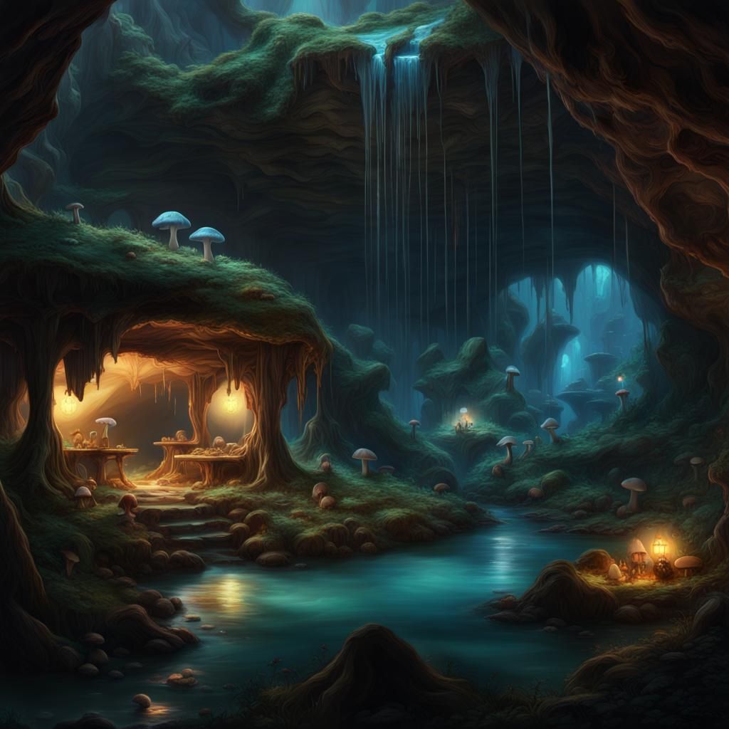 Bioluminescent Cave with Waterfall and Camp