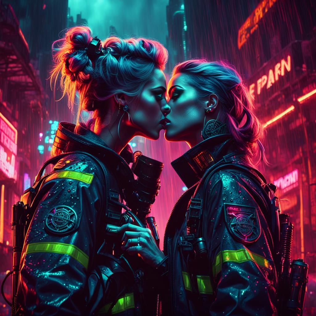 Cyberpunk Firefighters Kissing in Neon Cityscape
