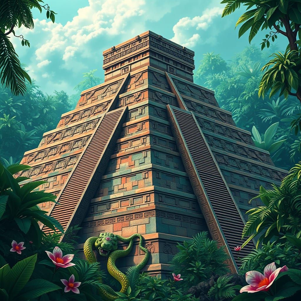 Aztec Pyramid in Vibrant Jungle, Blending Historical Accurac...