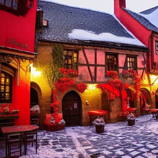 Picturesque Medieval Tavern in Winter Snow