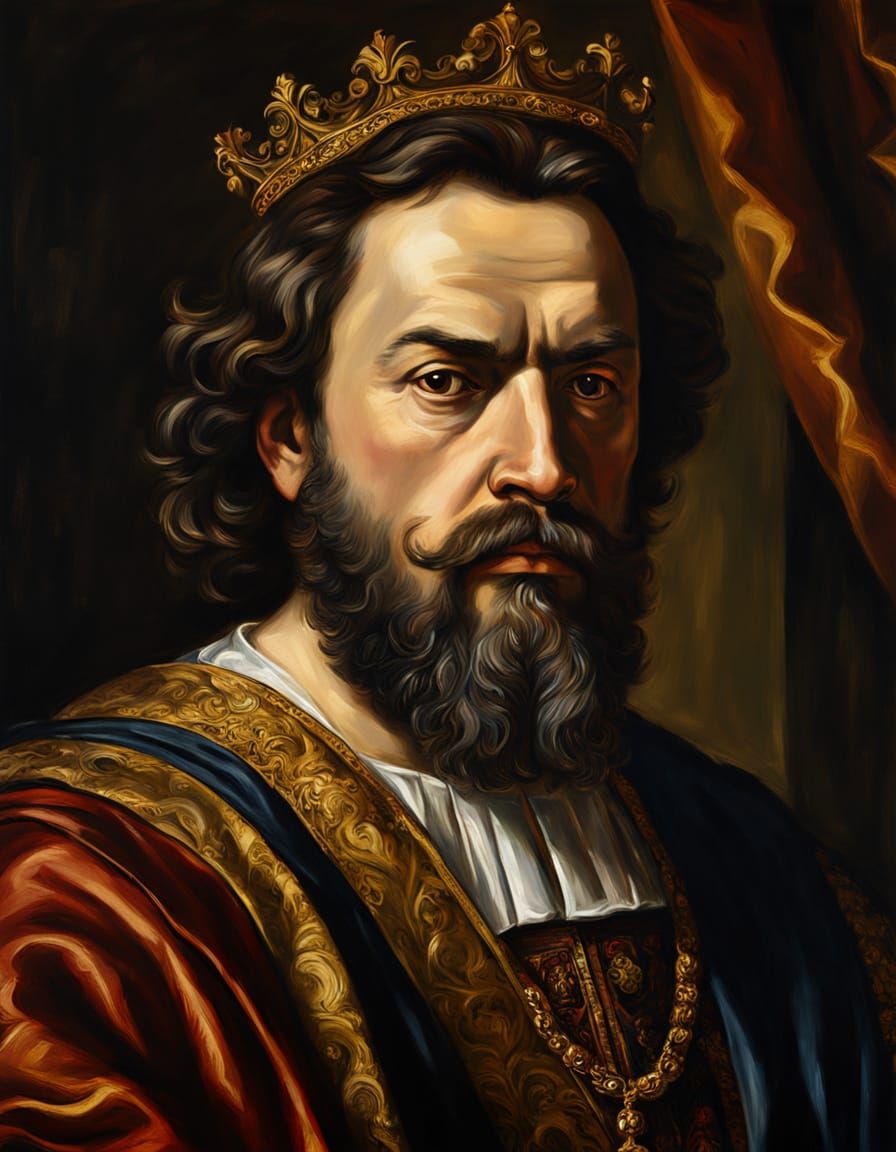 Regal King Portrait in Renaissance Oil Painting Style