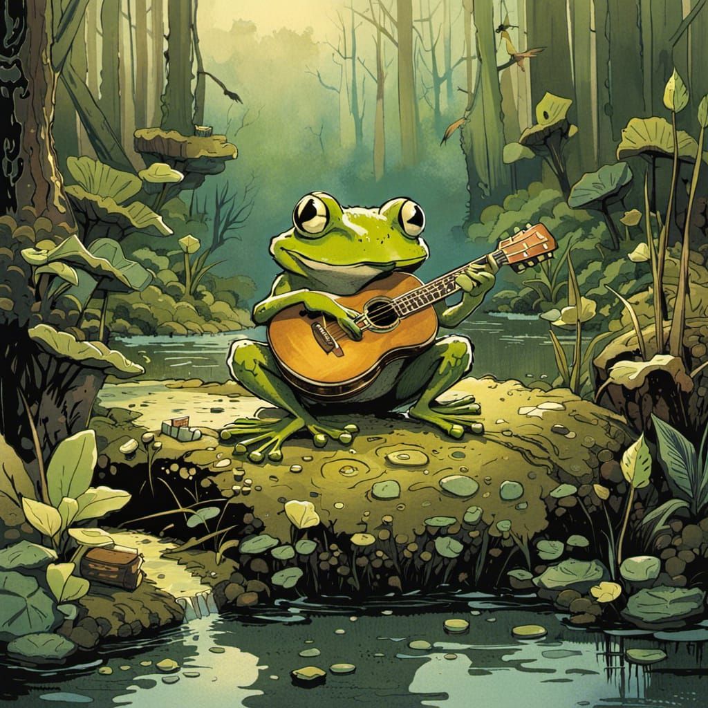 Frog Plays Guitar in Swamp Illustration