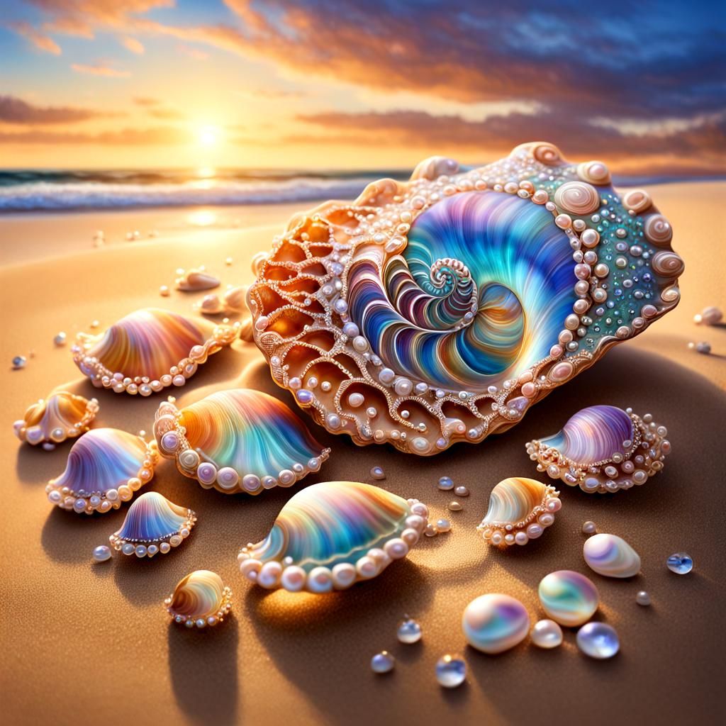 Gemstone Shells on Sandy Beach as Oil Painting
