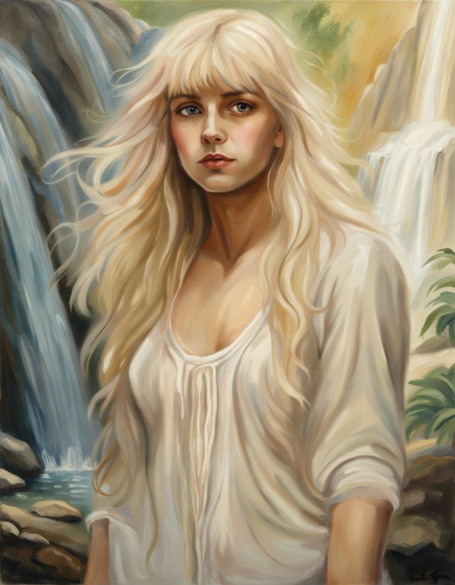 Chalk Portrait of Blonde Woman at Waterfall