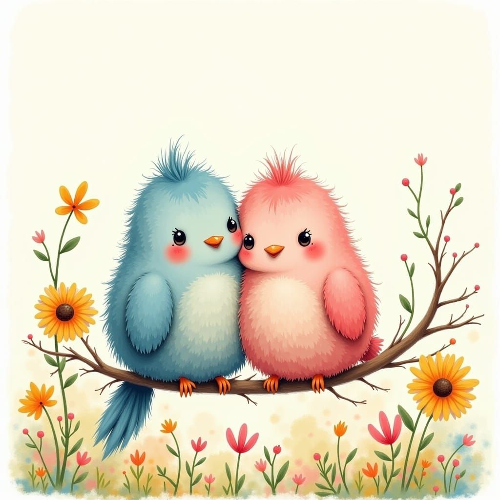 Two Parakeets in Lush Meadow, Whimsical Digital Art