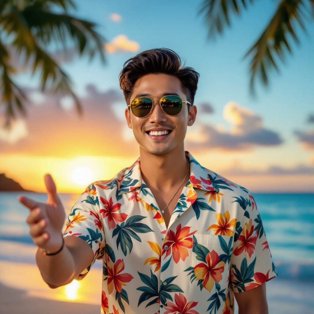 Tropical Beach Getaway with Smiling Man in Photorealistic St...