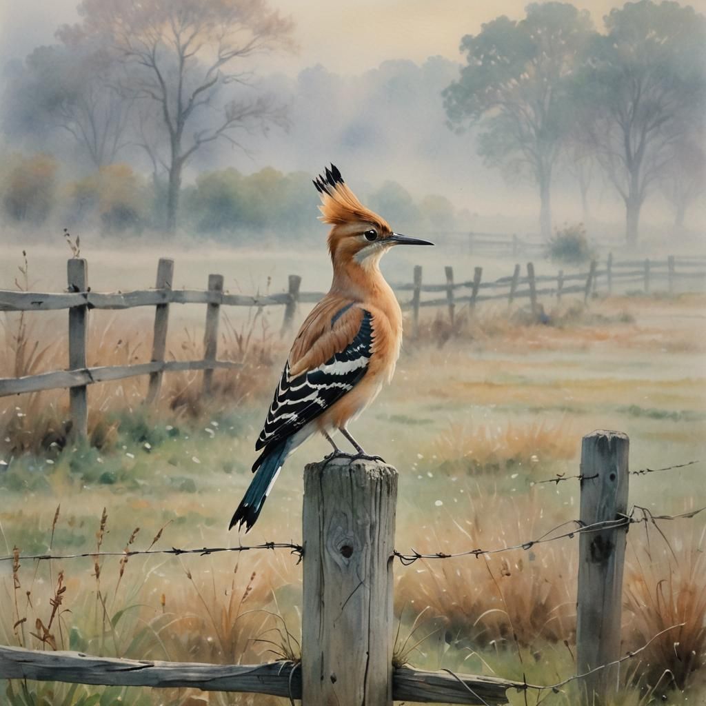 Hoopoe Bird in Foggy Field Watercolor Painting