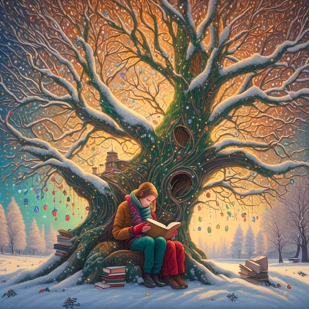 Snowy Willow Tree Family Scene in Surreal Painting