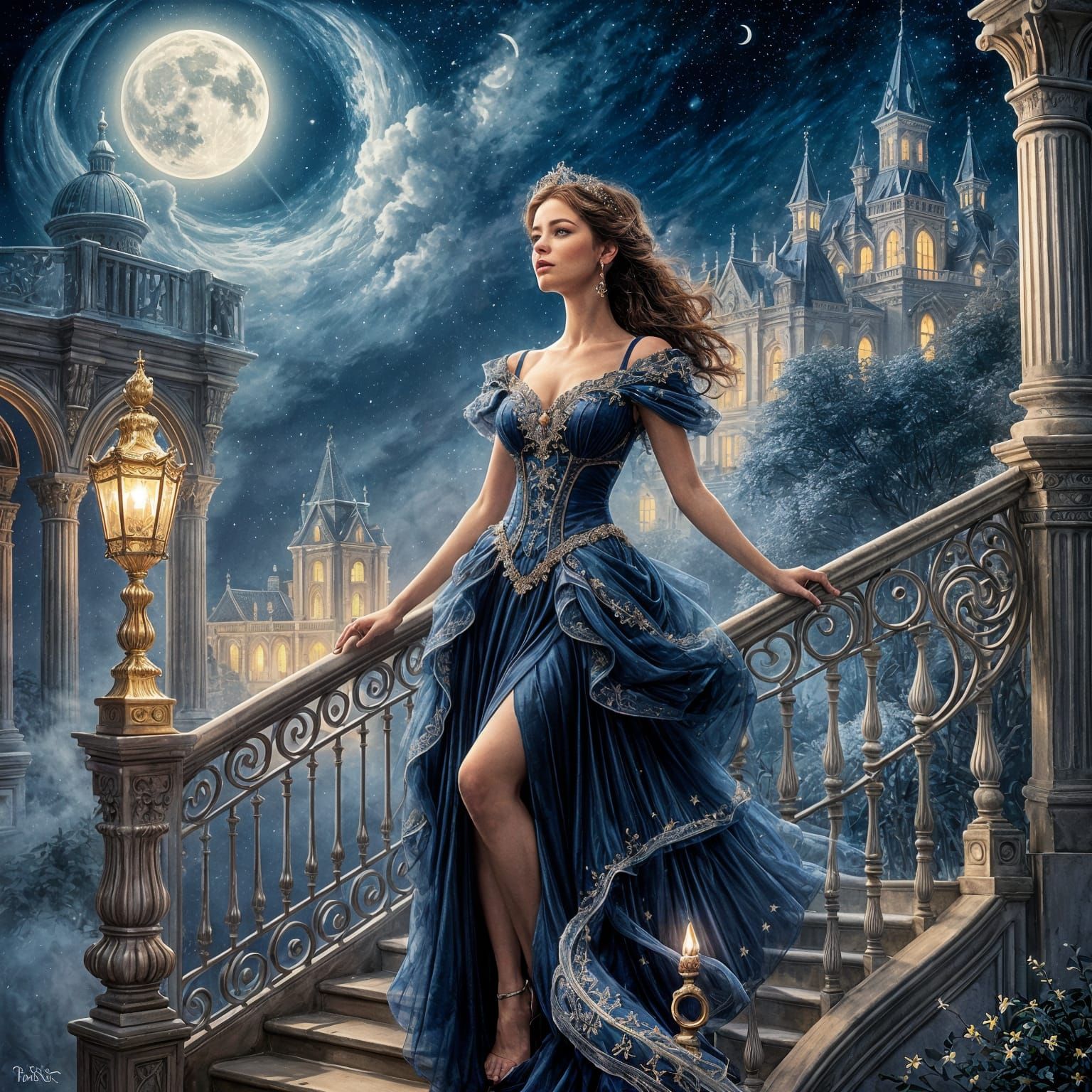 Moonlit Woman in Blue Gown on Balustrade