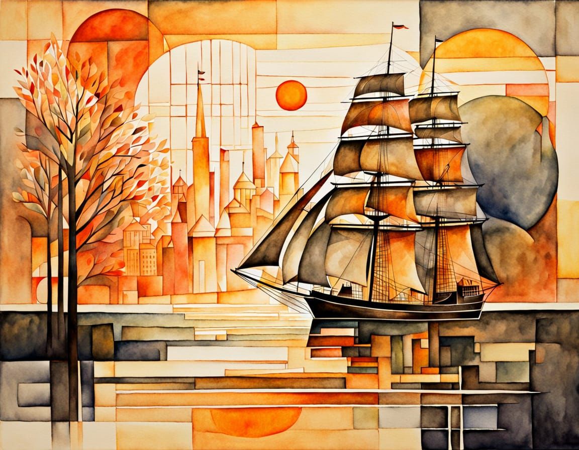 Cubist Watercolor Flying Sail Ship with Abstract Buildings