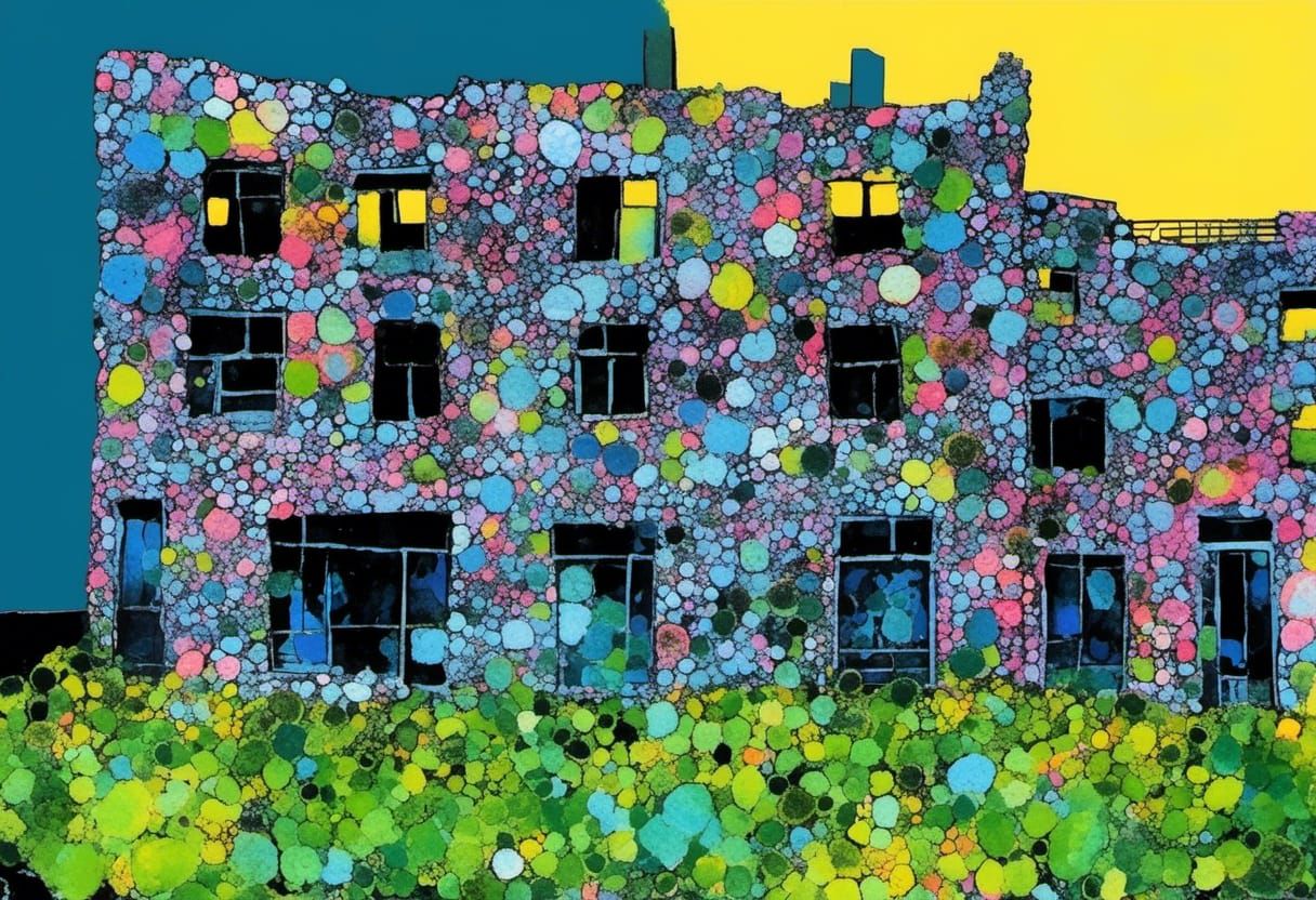 Cyberpunk Building with LED Lights and Abstract Sculpture