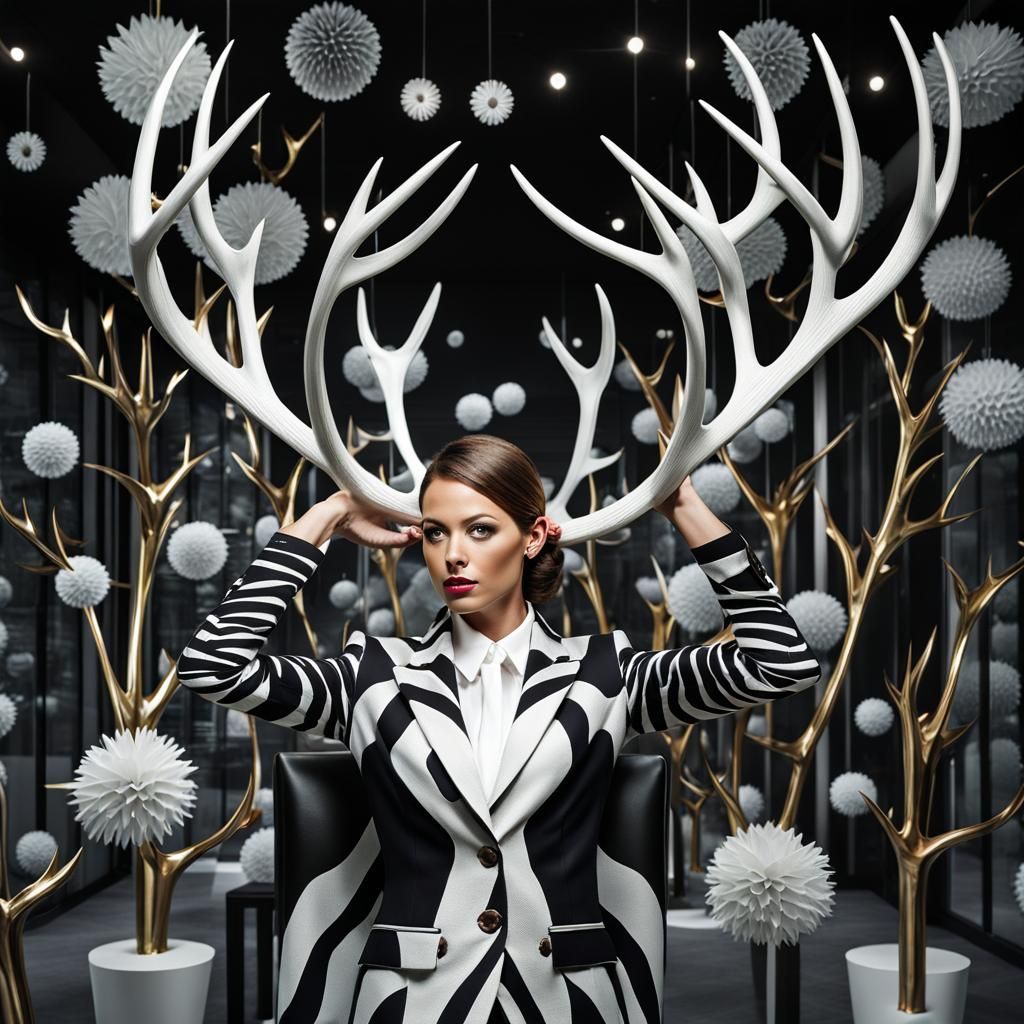 Woman with Antlers in Biomorphic Office