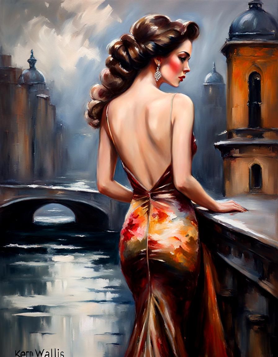 Elegant Woman in Backless Gown: Oil Painting