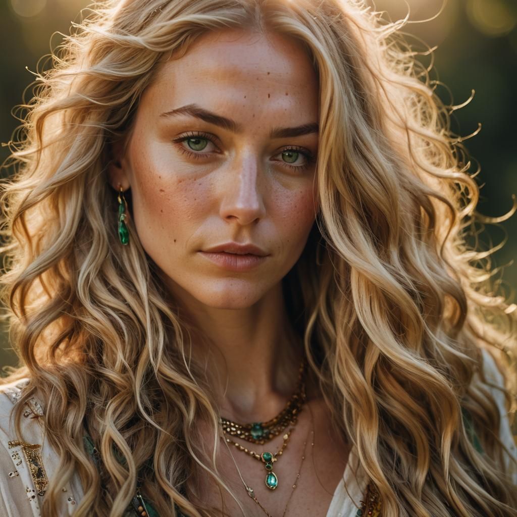 Bohemian Woman Portrait with Wavy Hair, Photography Style