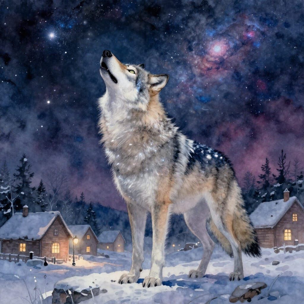 Celestial Wolf Howling at Nebula Sky