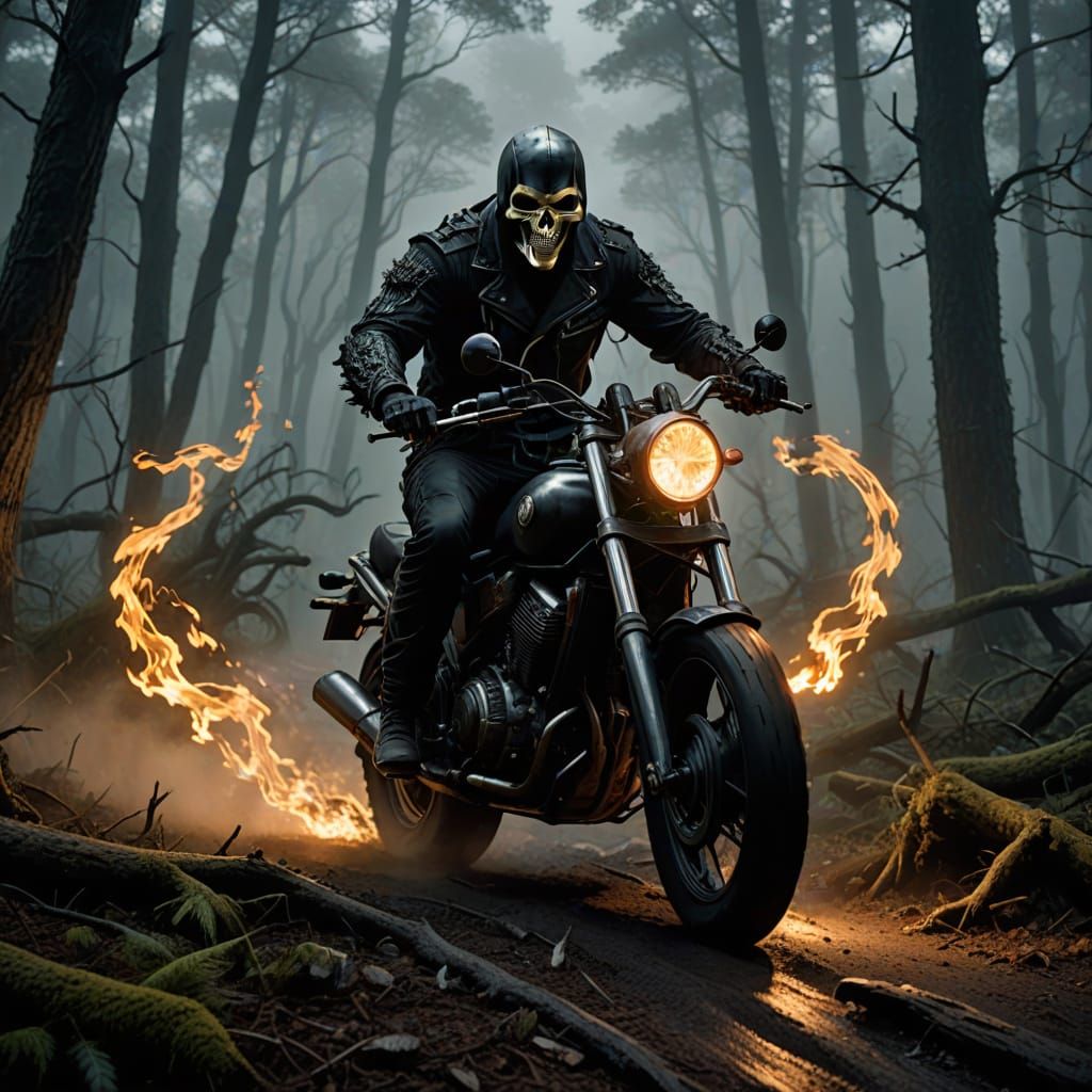 Ghost Rider in Mythical Forest with Rolling Fog