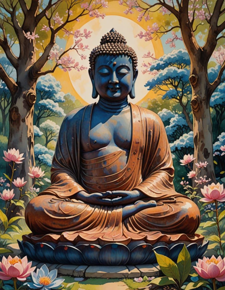 Surreal Blue Indigo Buddha in a Whimsical Garden Scene