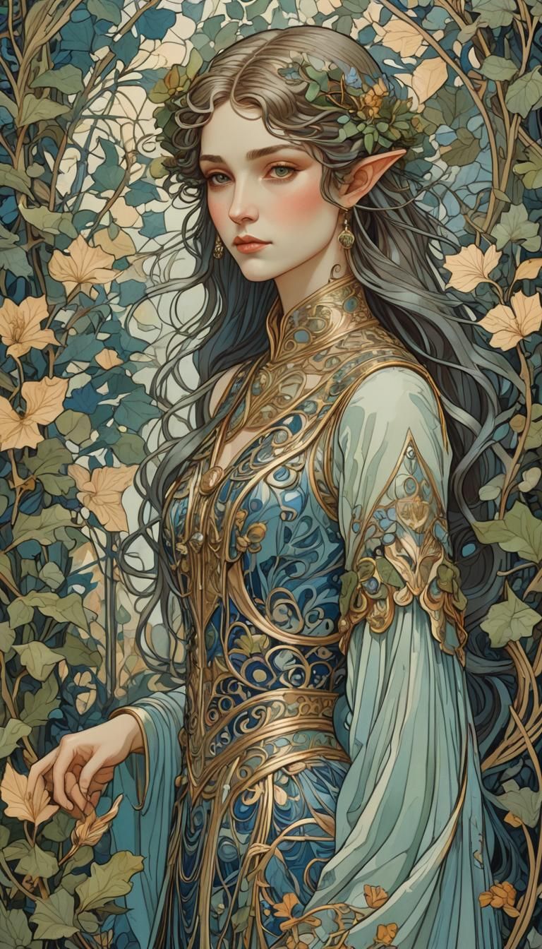 Art Nouveau Elf Portrait in Ornate Attire