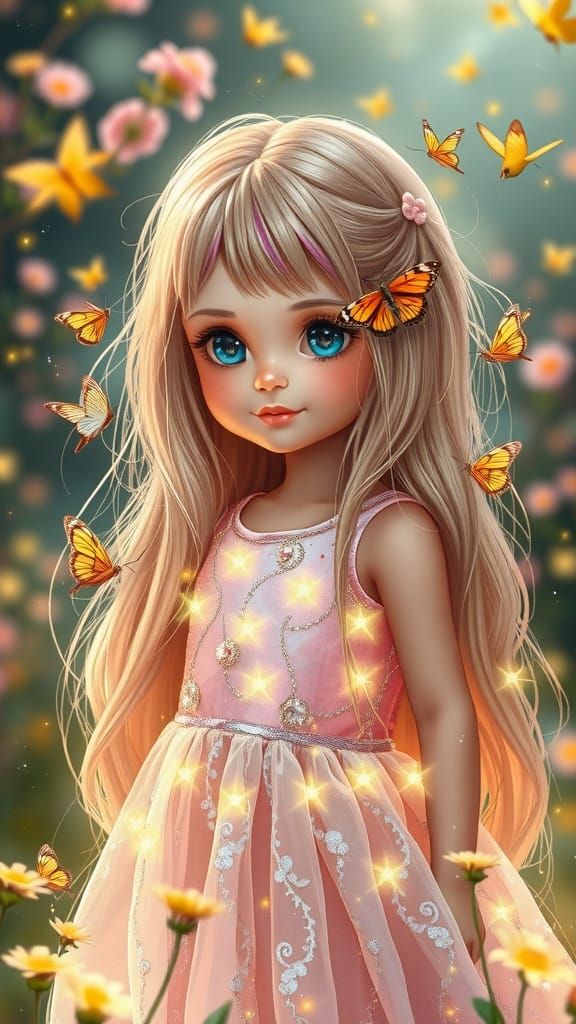 Enchanted Girl with Butterfly Hair in Fantasy Garden