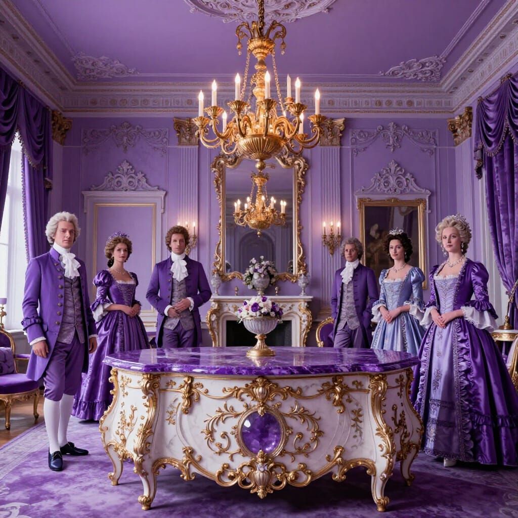 Ornate Baroque Purple Living Room with Noble Figures
